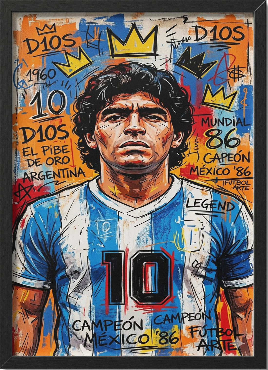 Diiego Maradonaa Wall Art Framed Poster Argentina Football Legend Street Graffiti Style Basquiat Pop Art Black Frame 40x30 cm