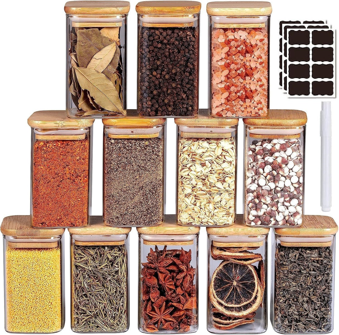 TYESO 12 Pcs Glass Jars Set, 260 ML Glass Spice Jars Set with Bamboo Airtight Lids and Labels, Food Cereal Storage Spice Containers for Home Kitchen Tea Herbs Coffee Flour Herbs Grains (Square)