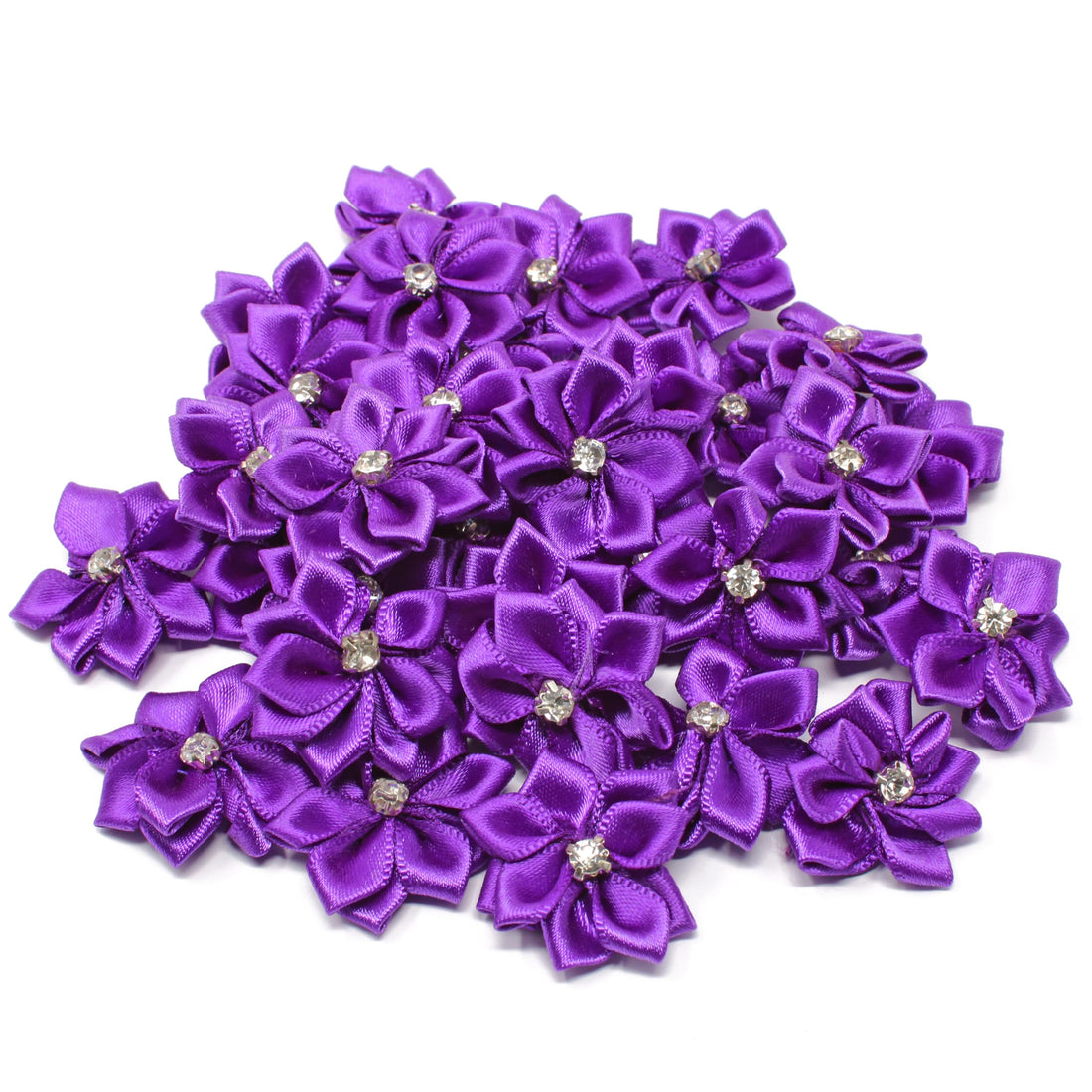 Purple 25mm Satin Ribbon Flowers with Rhinestone Diamante Centre, Craft Flowers (25)