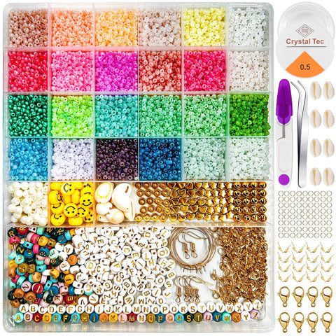 JAZZEEL 24000 Pcs Glass Seed Beads Jewelry Making Kit - 2mm Small Beads in 24 Colors with Letter Beads, Pearls, and Shells for DIY Bracelets, Necklaces, and Art Crafts