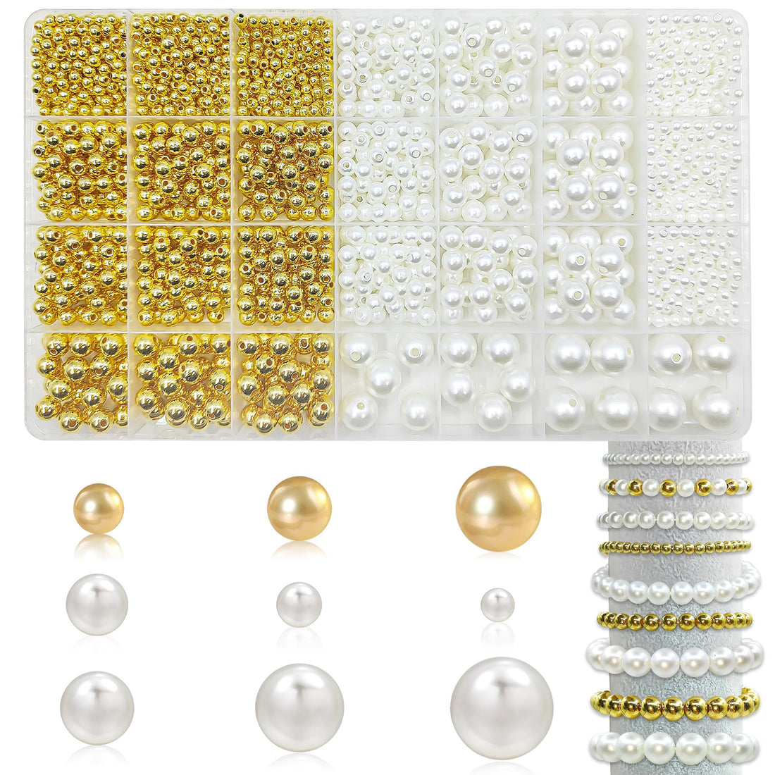 1953 Pieces Gold Spacer Bead Pearls Set for Bracelet Jewelry Assorted Round Gold Beads for Jewelry Making, Gold