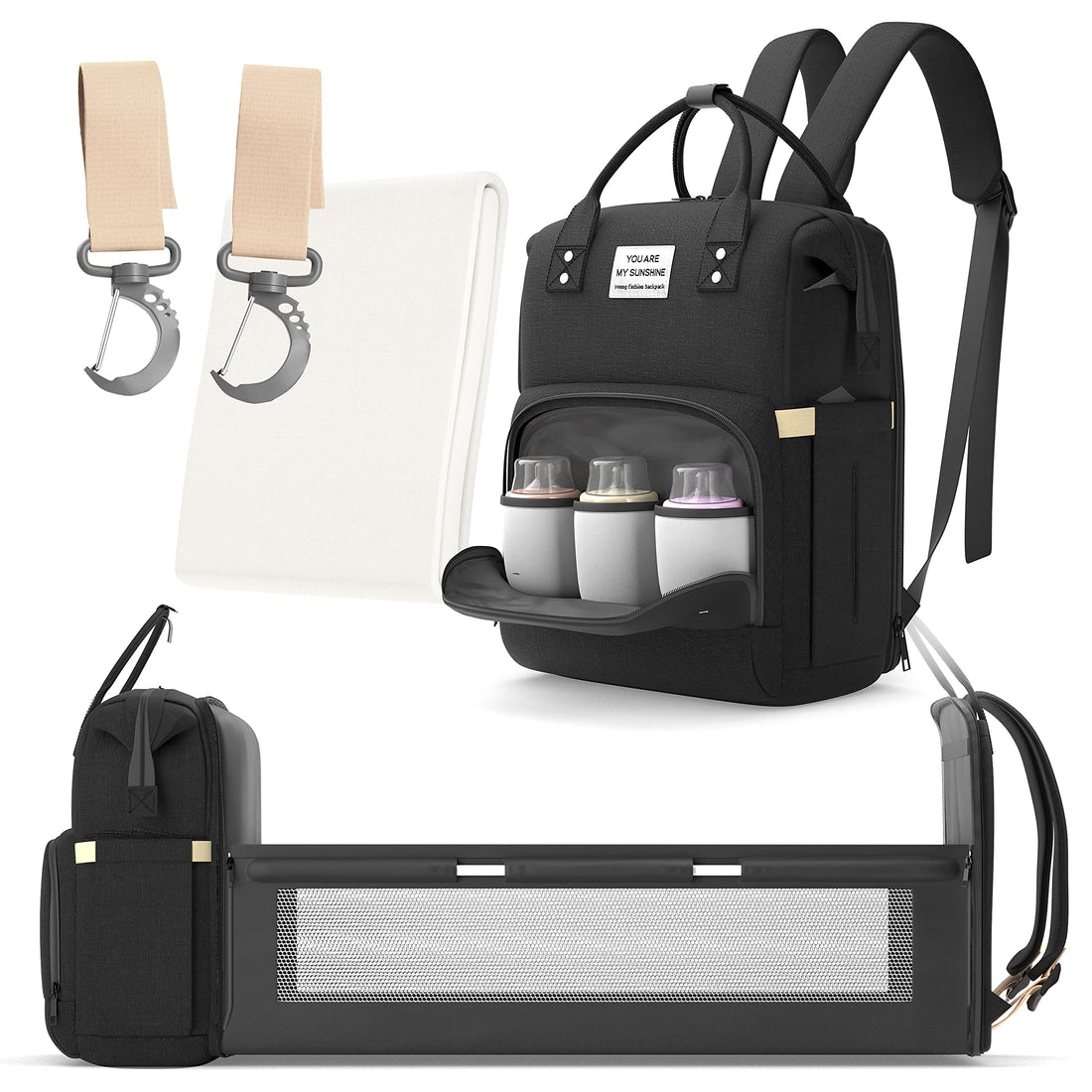 Multifunctional 3 in 1 Diaper Bag with Changing Station | Diaper Bag Backpack with Bassinet | Travel Baby Bed, Black,