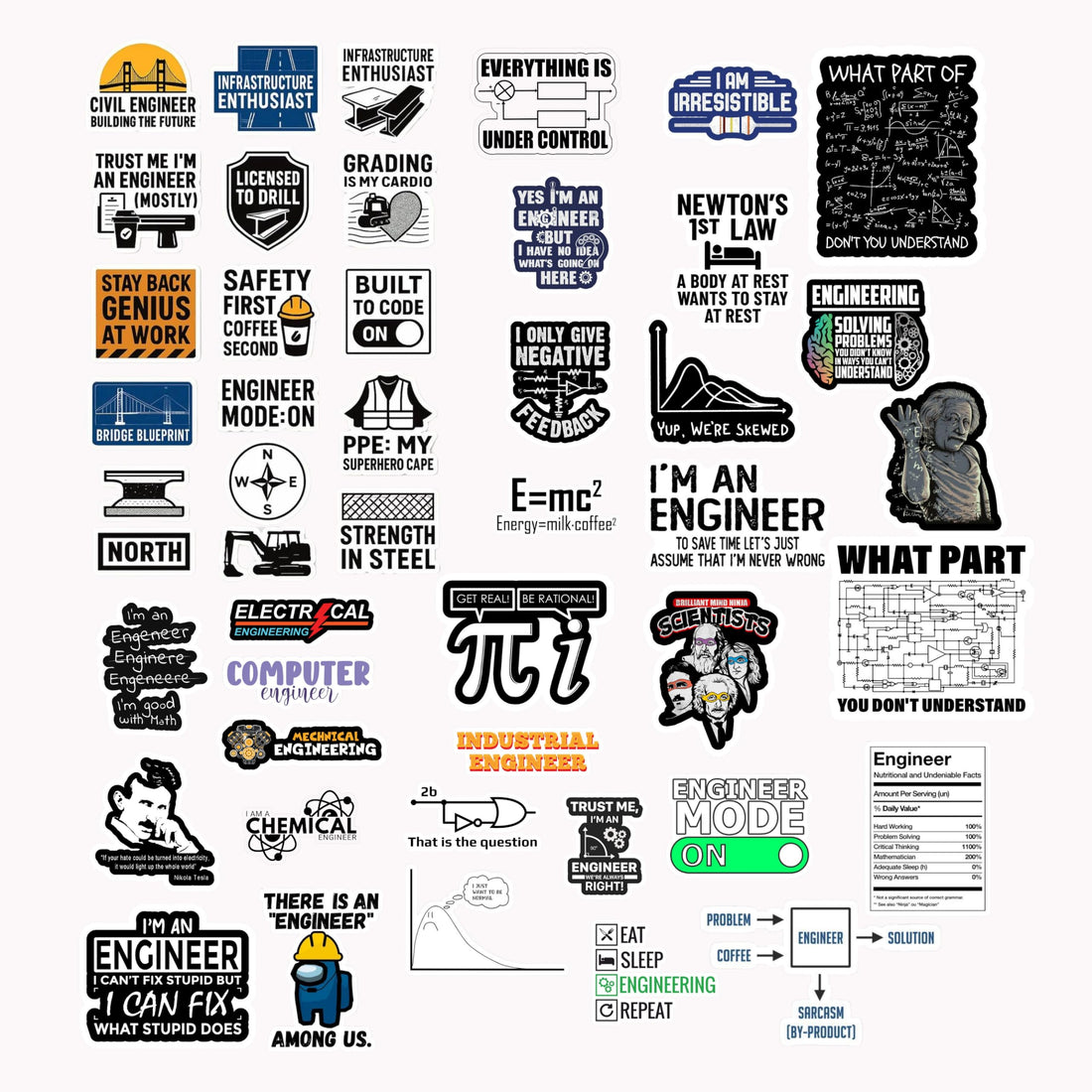 Scentiment 45 Pcs Engineer Stickers Pack – Funny Engineering Quotes, STEM Humor, Math & Physics Graphics, Coding & Construction Icons – Waterproof Vinyl for Laptops, Water Bottles & Hard Hats