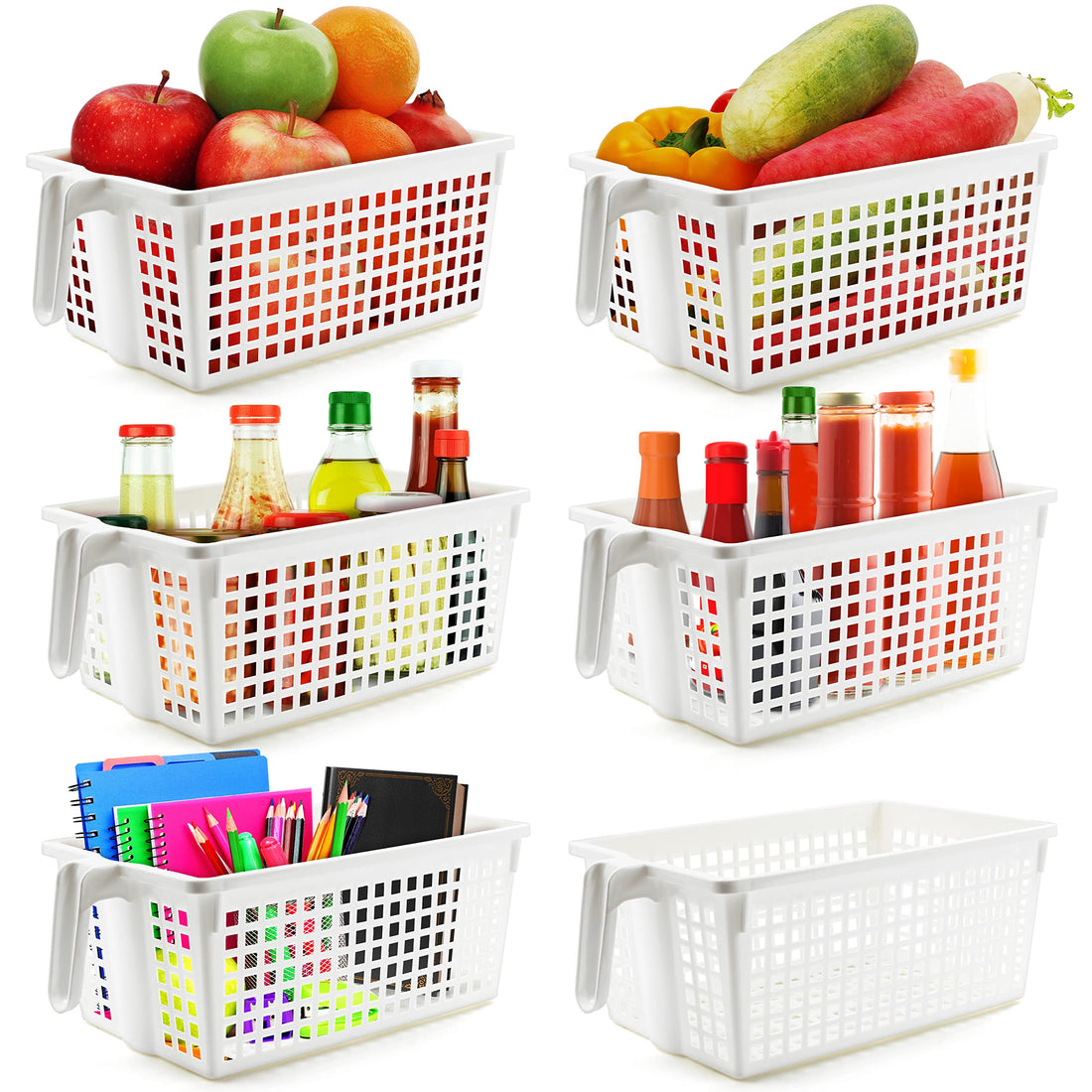 Kurtzy 6 Pack Kitchen Fridge & Cupboard Storage Containers with Handles - 27.5cm/10.83 Inches Overall Length - White Plastic Refrigerator Tubs for Bathroom, Pantry, Drawer, Freezer and Home