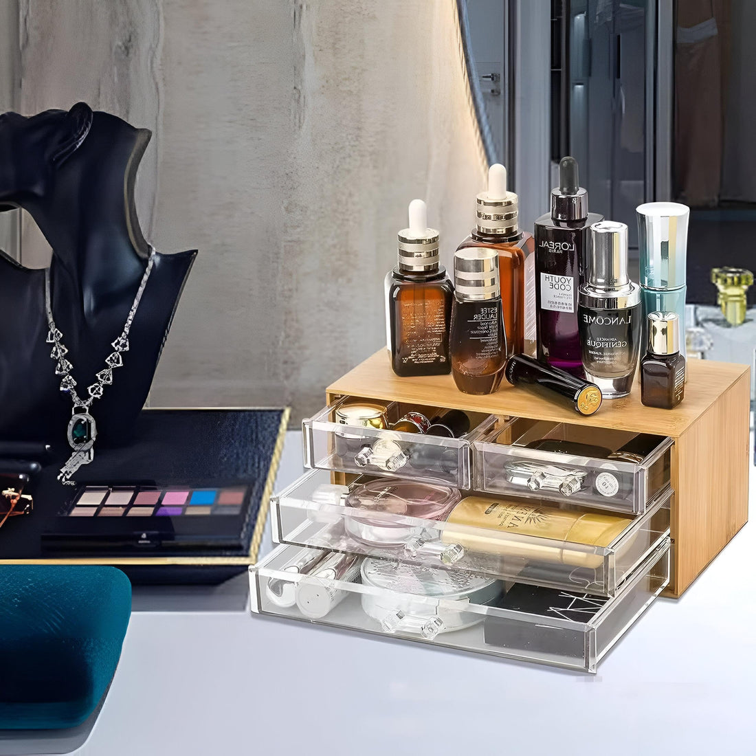 Cosmetic Storage Box - Clear display case with bamboo accents for organizing beauty essentials, skincare items, and hair accessories in bathroom or wardrobe
