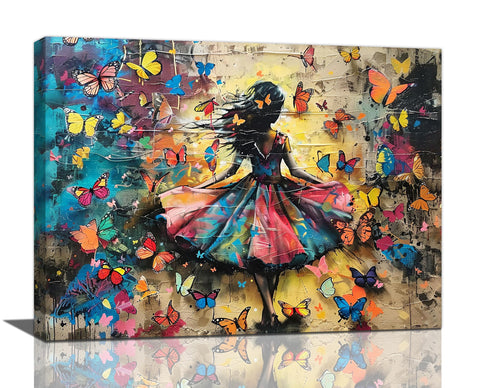 Banksy Girl Butterfly Wall Art Graffiti Woman Pictures Wall Decor Colorful Vintage Kid Print Painting Artwork Pop Street Home Decorations for Bathroom Bedroom Living Room Framed 12"x16"