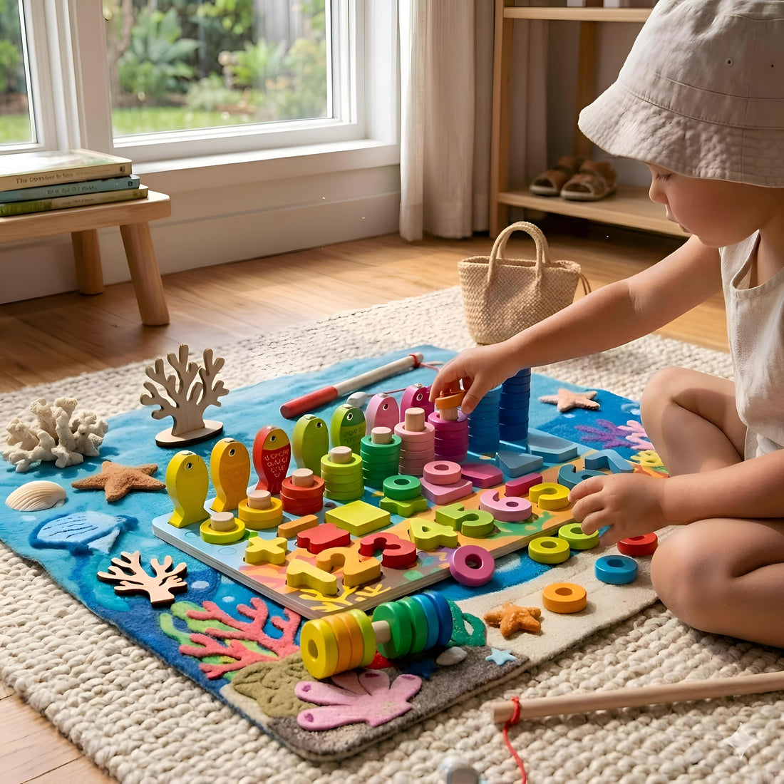 Intelligence game for children - an integrated educational wooden puzzle, made of excellent, harmless natural wood, size 45 x 18 cm, helps develop children’s cognitive and motor skills