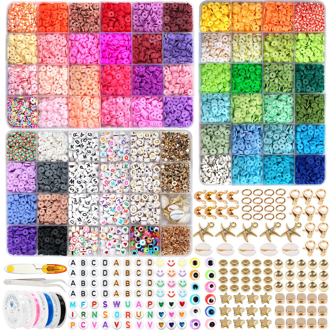 JAZZEEL Clay Beads Bracelet Making Kit 10000pcs 56 Colors in 3 Boxes Flat Heishi Beads with Charms and Elastic Strings for DIY Jewelry Crafting for Girls Teens Adults Necklace Making