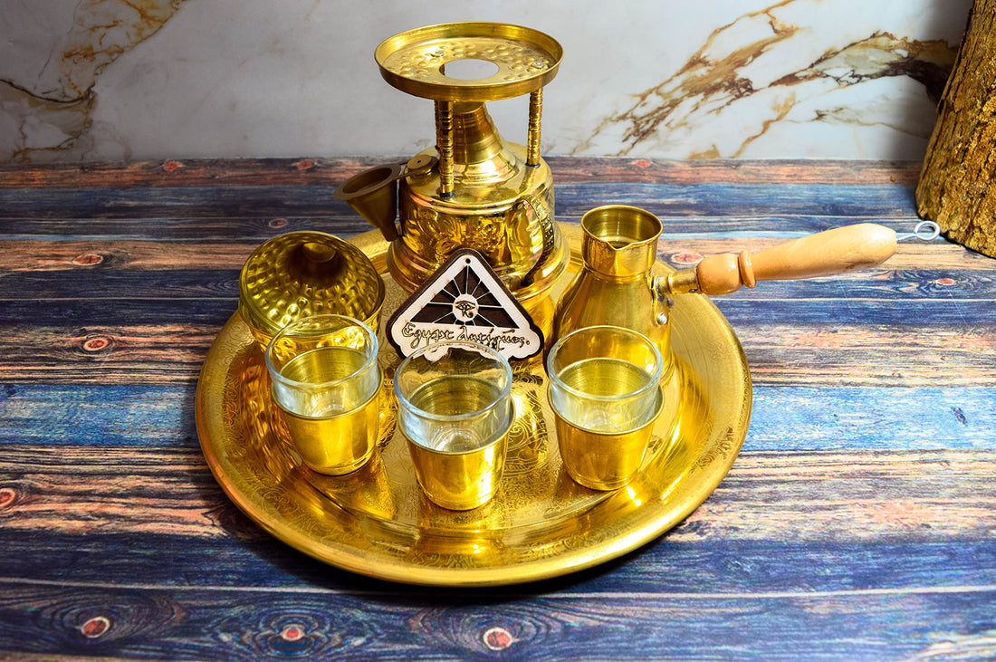 Egypt Antiques 100% Pure Copper 3 Glass + Brass Spritaya Serving Tray Sugar Flavour Handmade Large