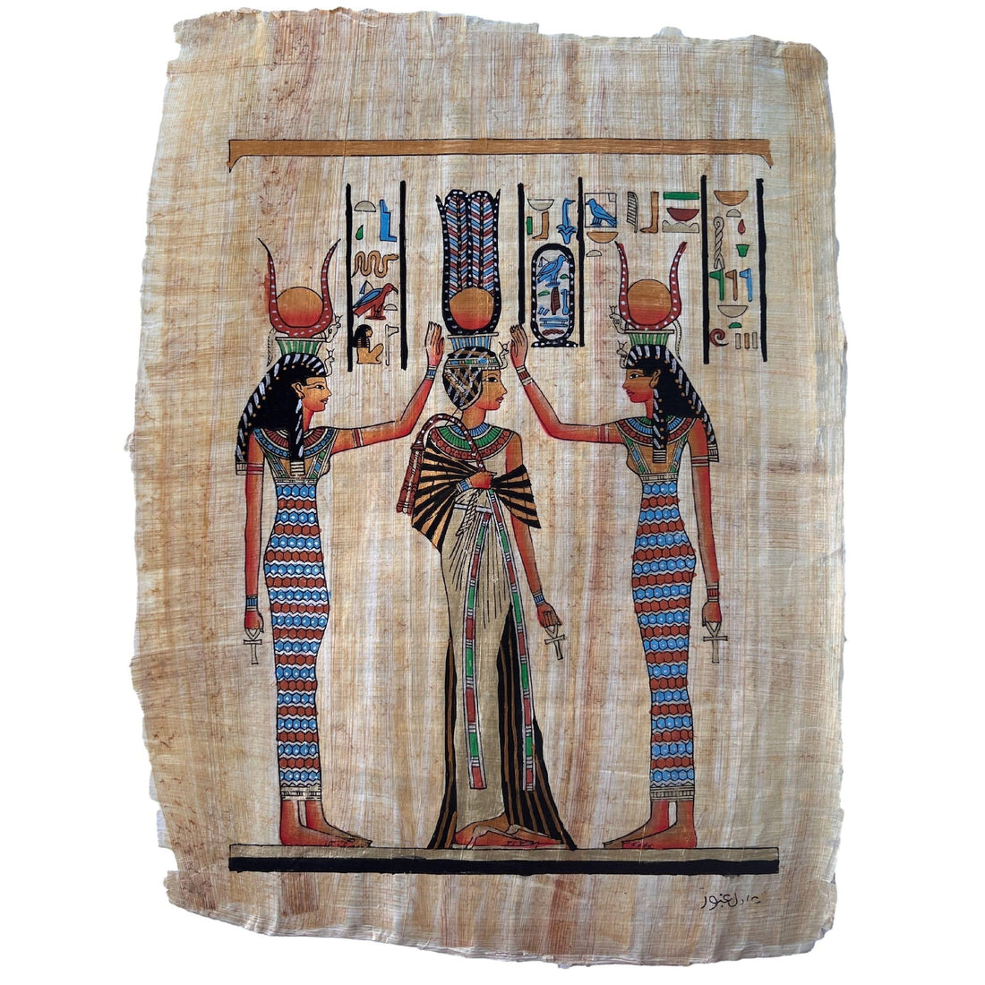 Queen Nefertari Coronation & Blessing with Goddesses and Hathor, Egyptian Papyrus Painting, Made in Egypt, 13x17 Inches