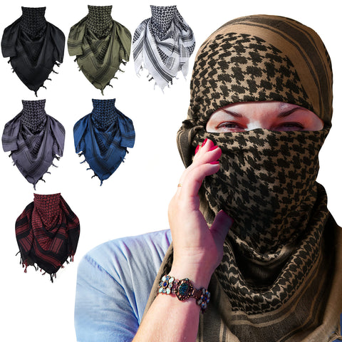 JAZZEEL A Brown Cotton Shemagh Tactical Desert Military Head Scarf - A Versatile Keffiyeh Wrap for Men and Women Perfect as a Face Mask - Brown