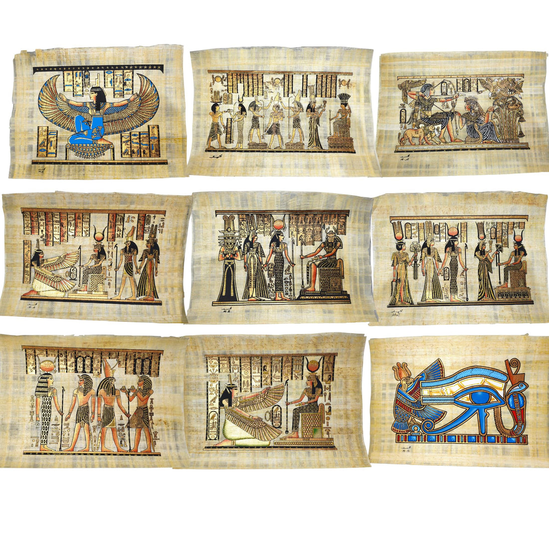 Set of 9 Original Pharaonic Papyrus Hand Paintings - Ancient Egyptian Art 20x30cm - Souvenirs and Egyptian Decor Antiques