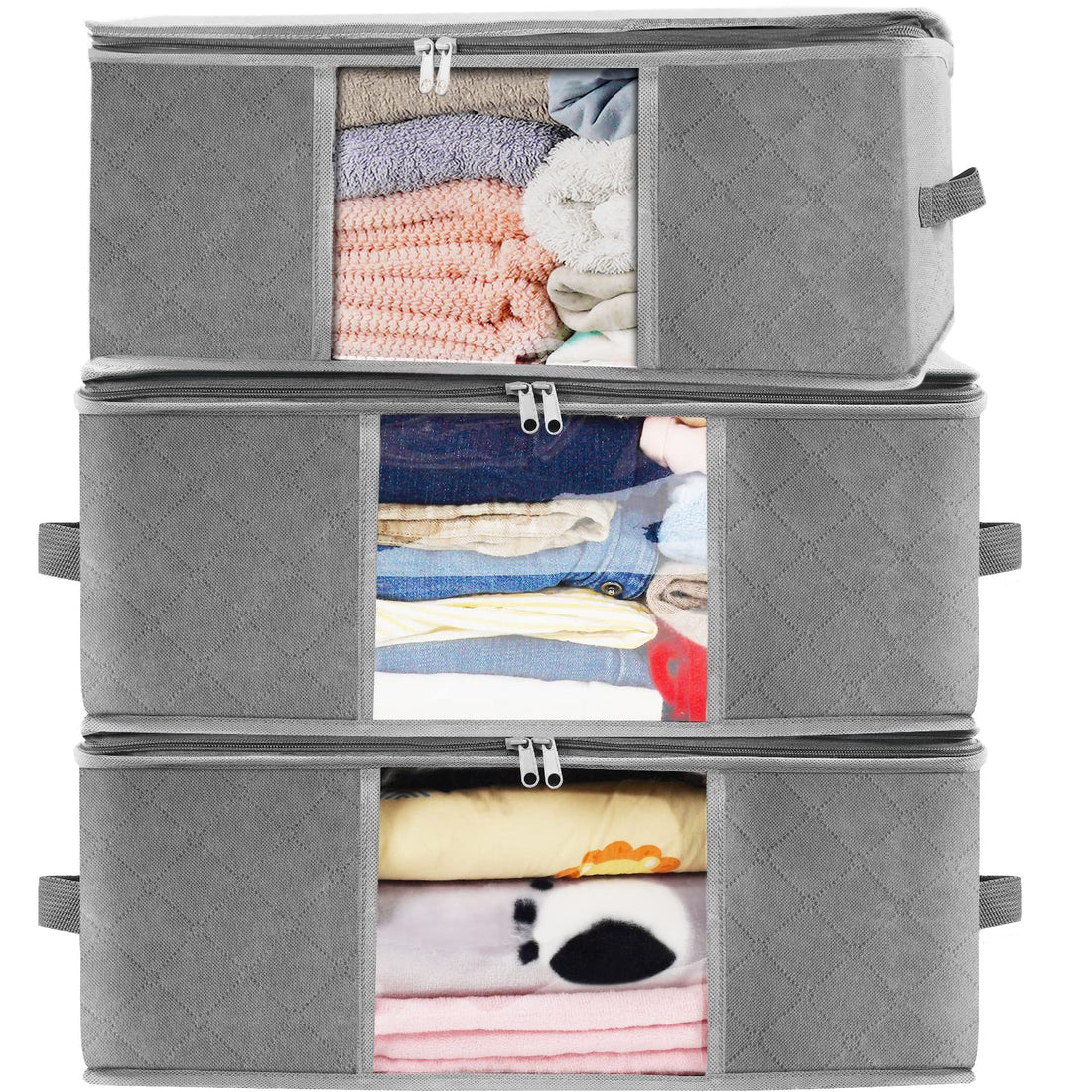 Clothes Storage Boxes Foldable, Fabric Storage Box, Under the Bed Storage Bags with Zips, Waterproof Thick Non-woven closet Organizers, Used For Duvet Clothing, 48 x 35 x 20 cm, 3 Pack (Grey)