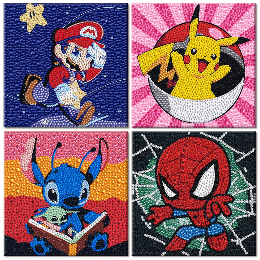 HuazhiJing Diamond Painting Children from 6 7 8 9 10 11 12 Years Boy, 4 Pack Cute Anime Diamond Painting Pictures Children's Set, DIY Mosaic Craft Set, Creative Gift Boys 15 x 15 cm