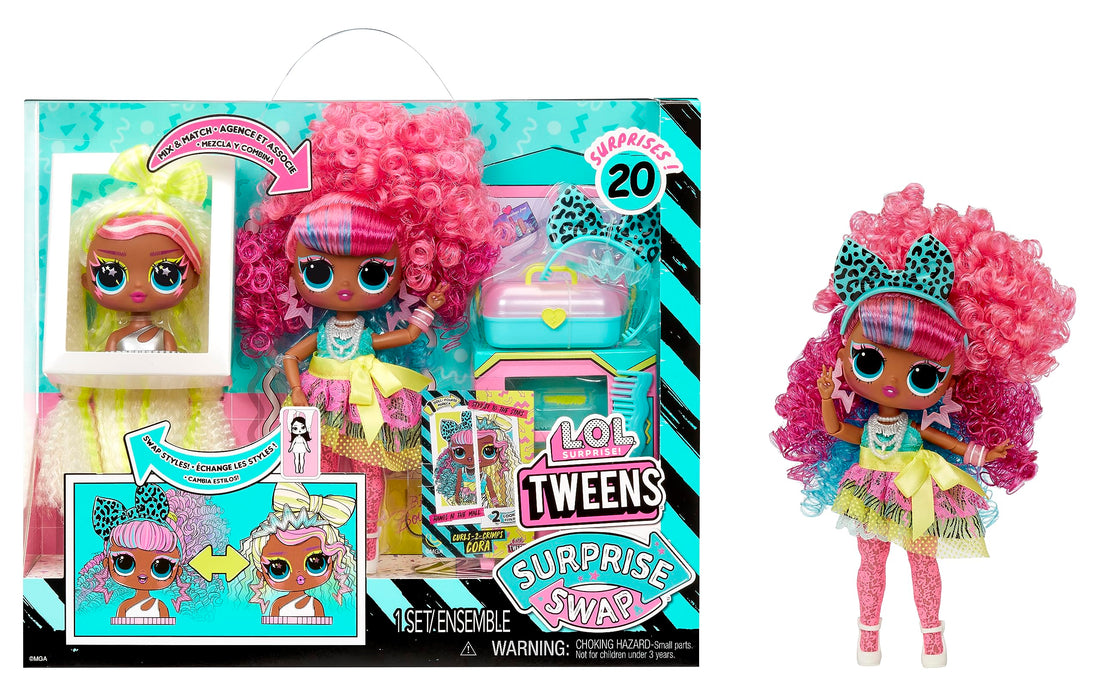 LOL SurpriseTweens Surprise Swap Curls-2-Crimps Cora Fashion Doll with 20+ Surprises Including Styling Head and Fabulous Fashions and Accessories – Great Gift for Kids Ages 4+