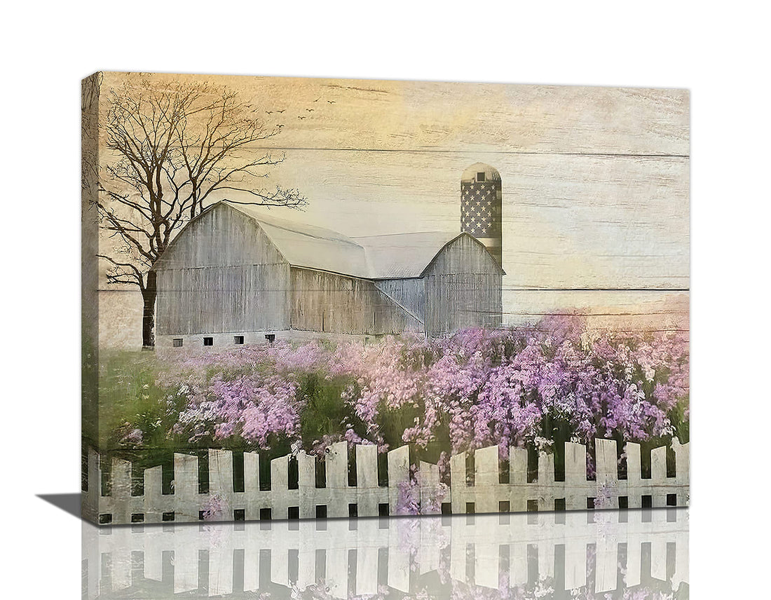 Farmhouse White Barn Wall Art Purple Flower Field Fence Pictures Wall Decor Country Old Barn Painting Rustic Farmhouse Canvas Print Modern Framed Home Decor Artwork for Bedroom Living Room 16"x12"