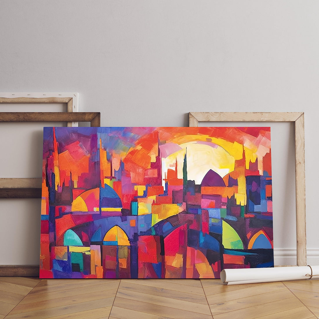 home gallery painting city with blue sky red sun Printed Canvas wall art 60x40 cm