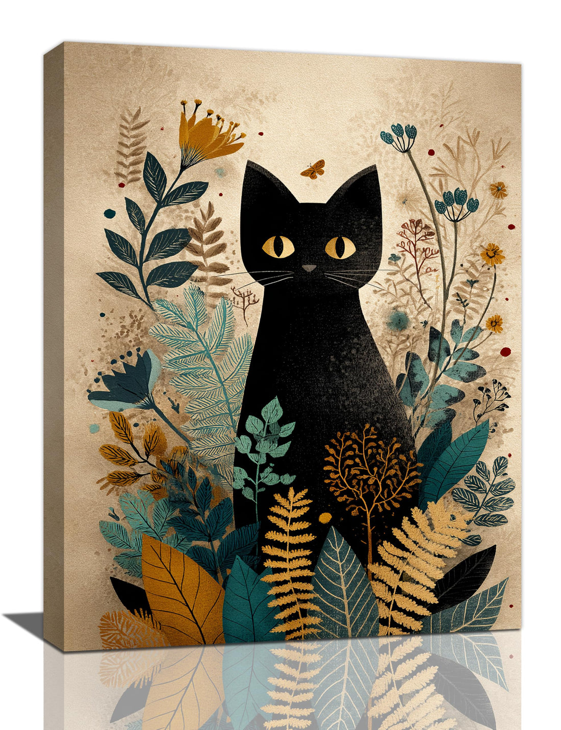 Boho Black Cat Wall Art Kitten Botanical Wall Decor Mid Century Modern Canvas Painting Print Minimalist Pictures Artwork Framed Decorations Gifts for Cat Lover Bathroom Nursery Living Room Bedroom