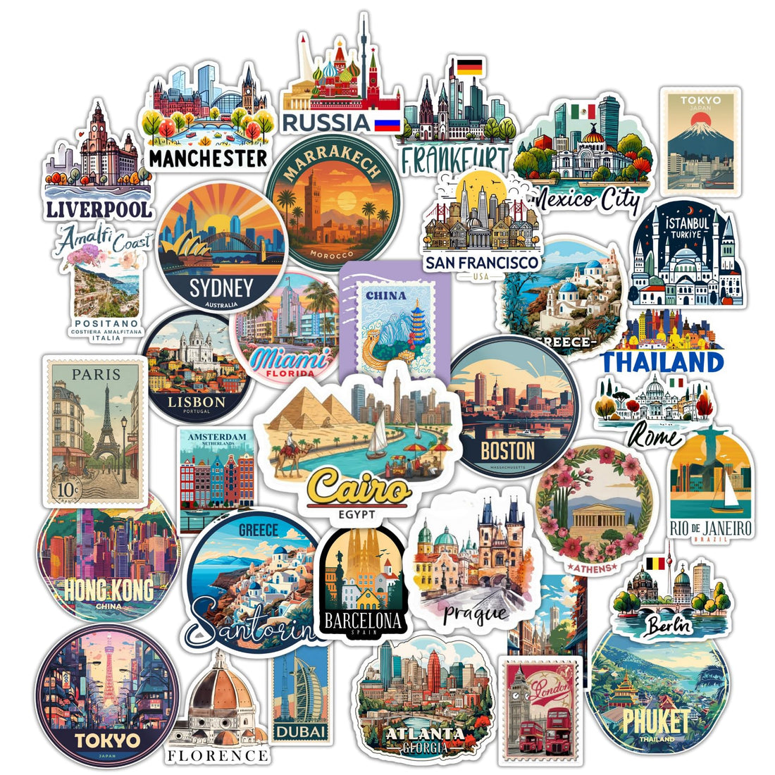 Scentiment 35 Pcs In Love with Cities Travel Stickers Pack – Waterproof Vinyl World Landmark Decals Featuring Paris, Tokyo, Cairo, Santorini – Aesthetic Travel Stickers for Laptop, Water Bottle Gifts