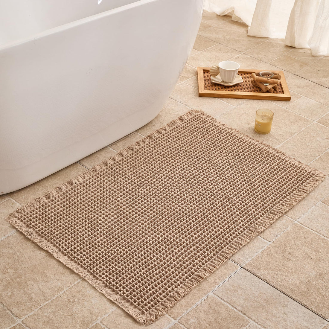 Waffle Bath Mat Non Slip, Boho Bathroom Rug, Super Absorbent Quick Dry Bathroom Mat, Soft Farmhouse Bath Rug with Tassels, Small Washable Shower Mats for Floor 20"x32", Brown