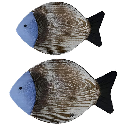 Wooden Fish Wall Decor - Handmade Rustic Coastal Art Pieces for Kitchen, Bedroom, or Entryway, Caribbean Sea-Inspired Intertwined Tropical Ocean Elements, Set of Two