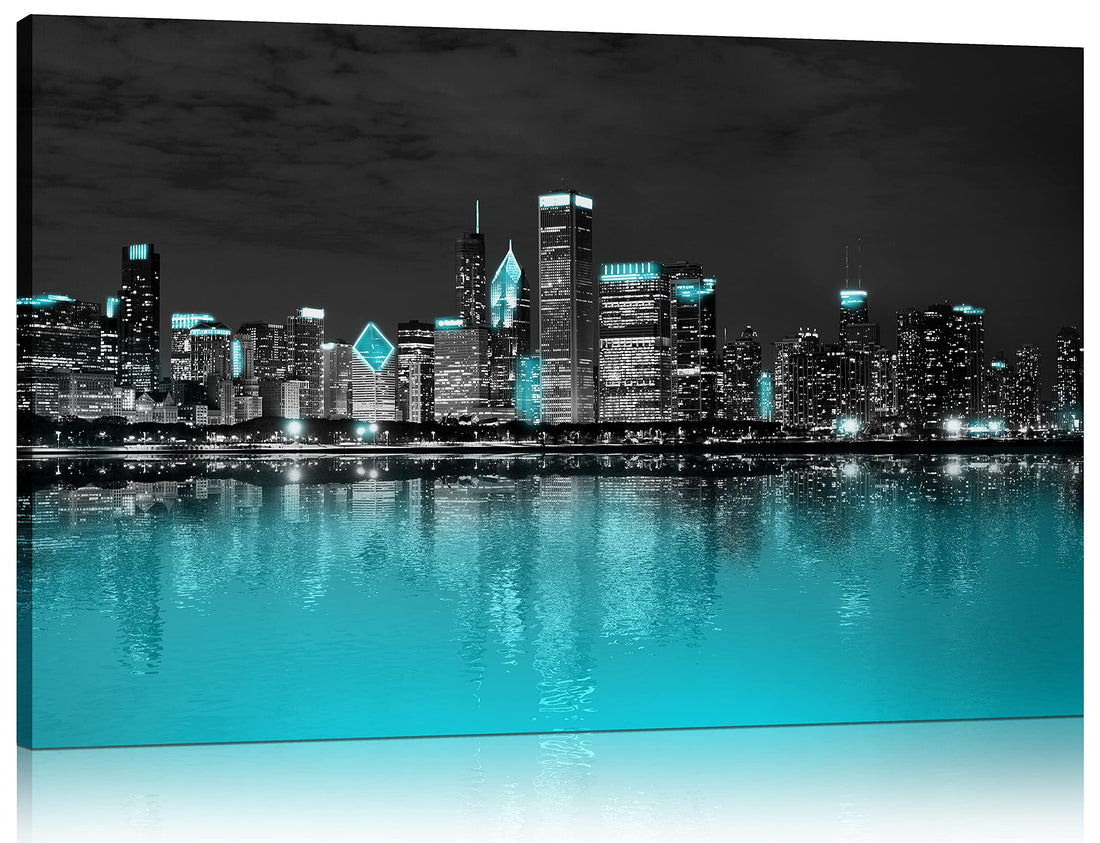 Xxliren Chicago Skyline Wall-Art For Living Room - Teal Wall Decor Bedroom For Men - City Of Night View Canvas Print Ready To Hang Size 40 x 20 Inch