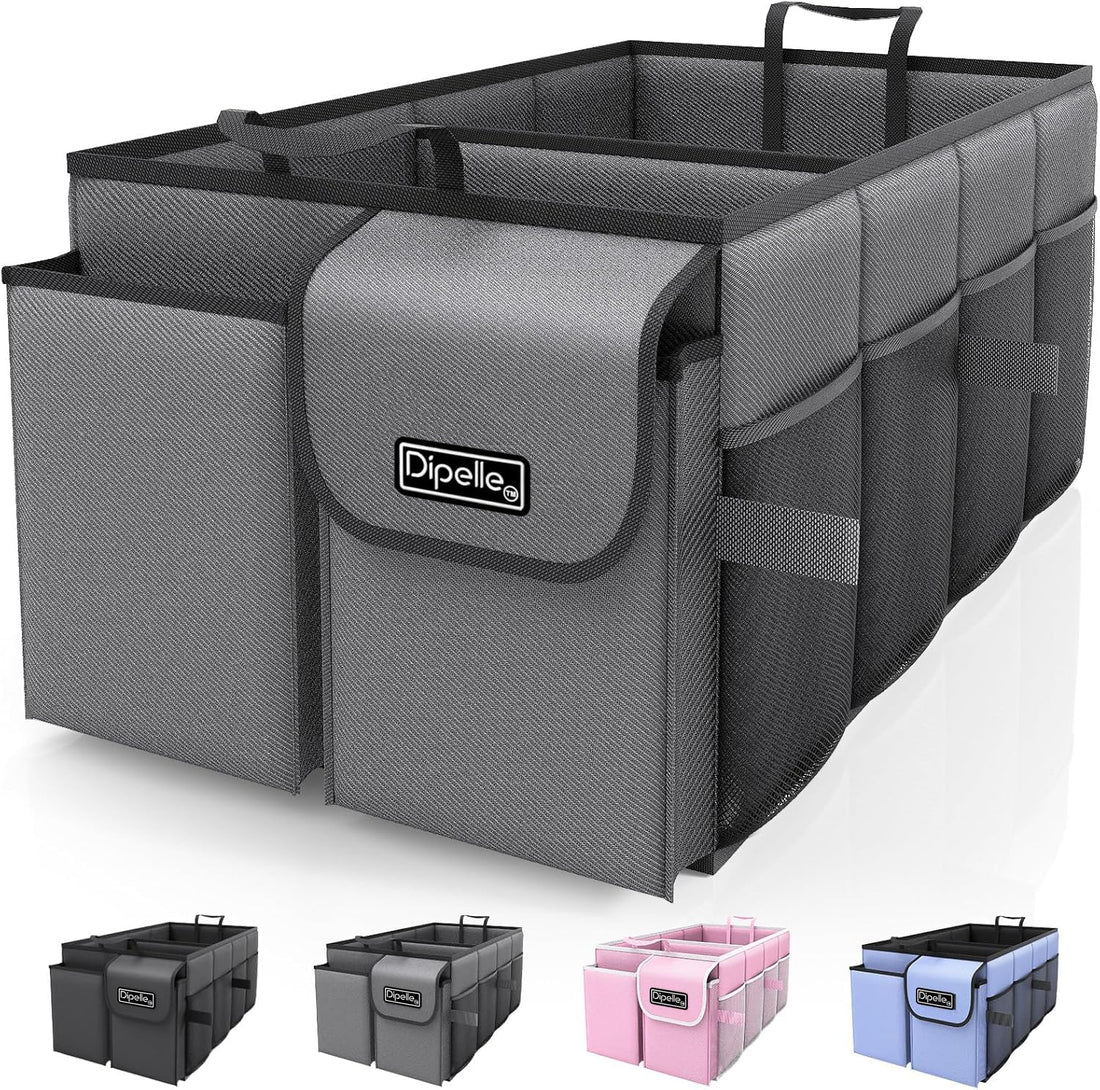 Dipelle™ Trunk Organizer for Car - Car Organizer, Foldable Trunk organizer for SUVs & Sedans, Sturdy Car,Tools, Sundries, 2 Compartments (Gray, Medium)