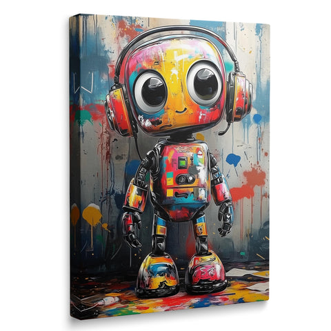 Framed Cute Modern Colorful Banksy Graffiti Robot Canvas Wall Art Pop Urban Contemporary Print Painting Poster Cool Colorful Funny Picture Wall Decor For Living Room Kid's Room Bedroom Artwork (12"x16