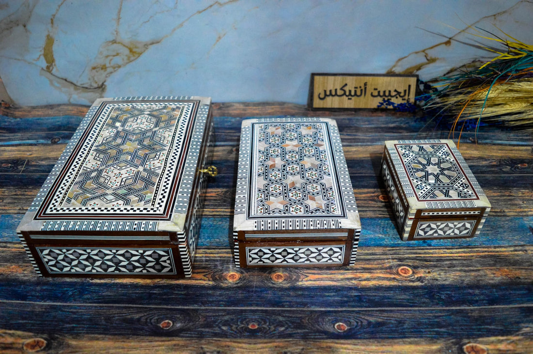 Egypt Antiques Set of 3 Shell Jewelry Boxes, 100% Handmade by Intex