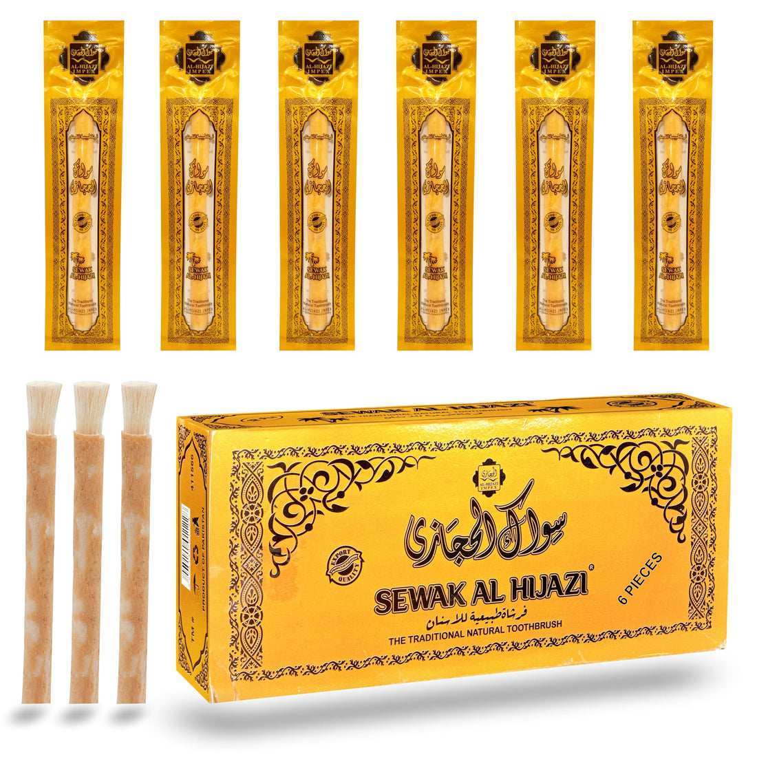 Pack of 6 Miswak Sticks Natural Toothbrush for Teeth Whitening, Oral Health & Fresh Breath, Siwak Stick Organic Wooden Vacuum Sealed Tooth Brush, Miswak Sticks for Teeth مسواك