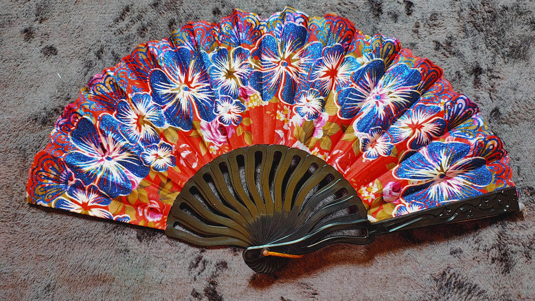 DRaX Decorative Folding Hand Fan, Purple Floral Design, Lace Trim (Blue Flower)
