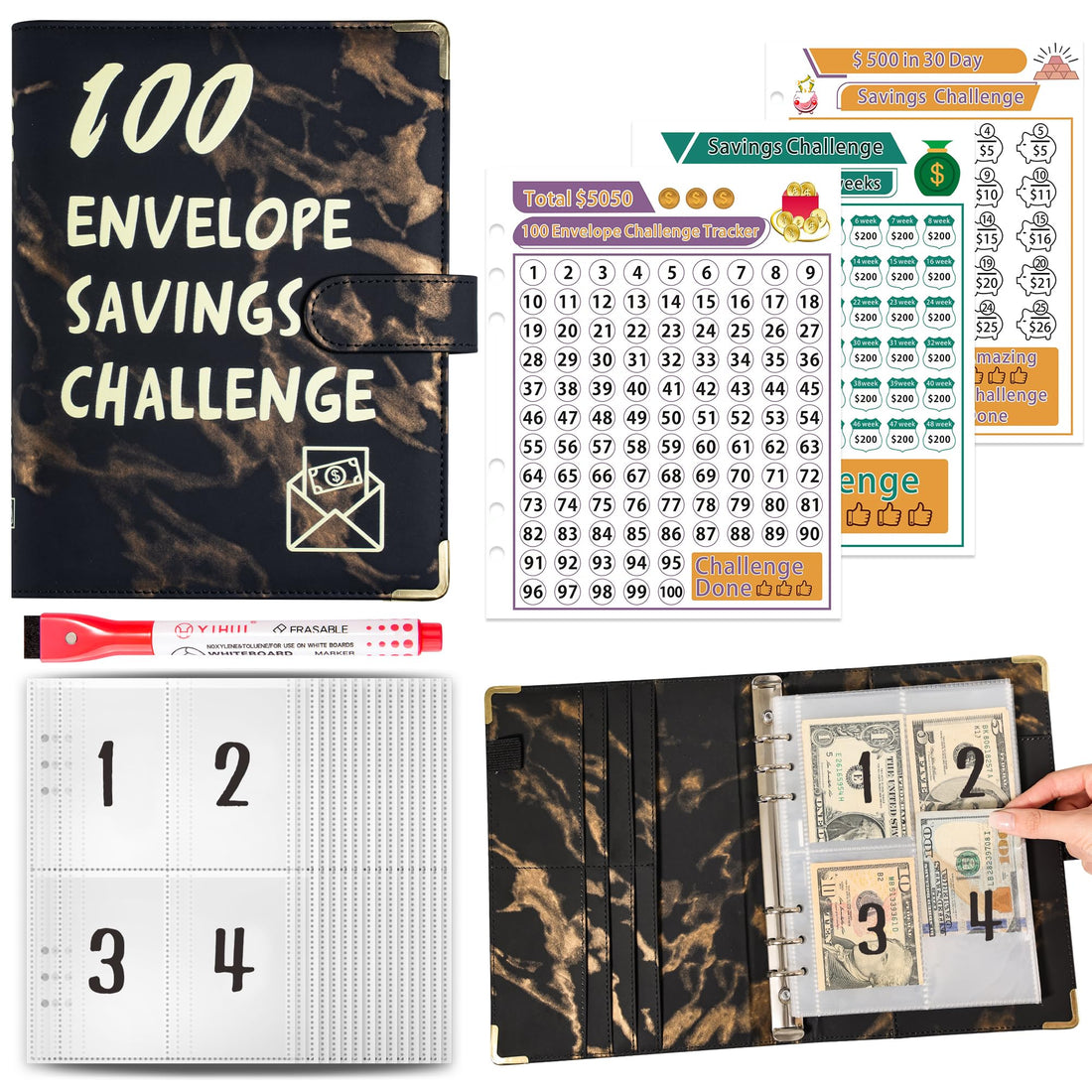 MATHARAGO 100 Envelope Savings Challenge Binder, Budget Planner with Cash Envelopes for Total $5050, A5 PU Leather Notebook 100 Day Money Saving Challenge Binder Cash Envelopes (Marbled Black)