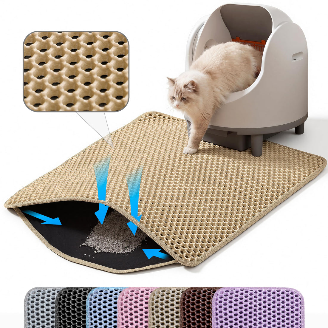 Cat Litter Mat, 24x18 Inches Large Double Layer Honeycomb Cat Litter Trapping Mat, Non Slip Waterproof Urine Proof Cat Litter Box Mat for Floor, Kitty Litter Rug, Cat Supplies, Beige