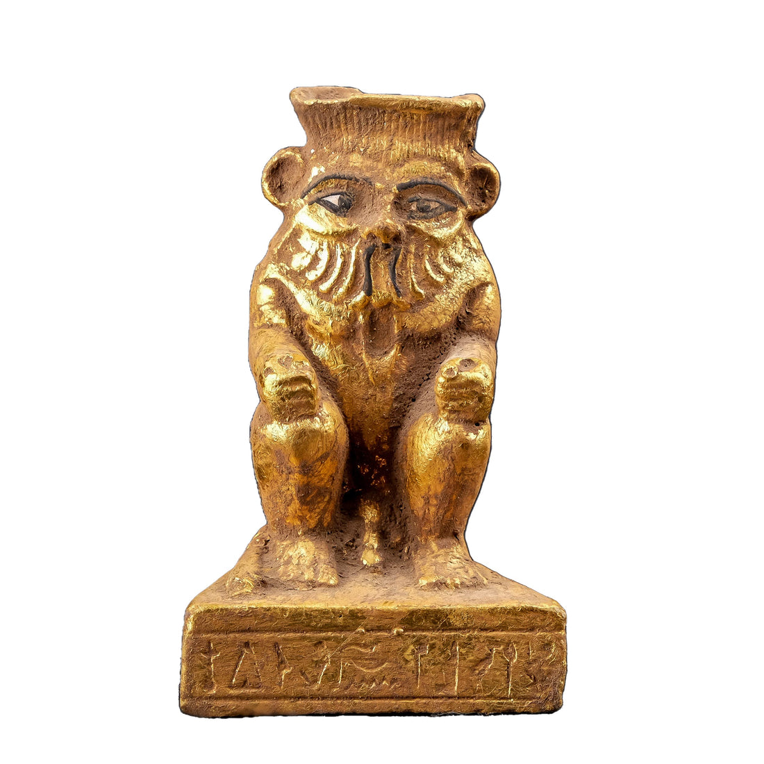 Egyptian statue of Bes, a minor god of ancient Egypt, represented as adwarf with large head, goggle eyes, protruding tongue, bowlegs, bushy tail heavy stone gold leaf hand painted made in Egypt