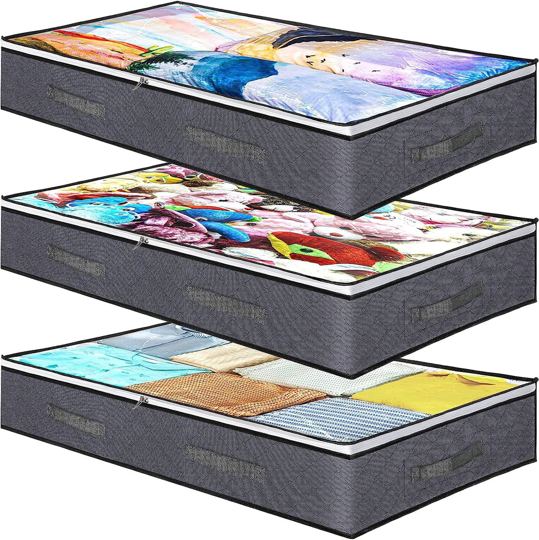 3 Pack Under Bed Storage Organizer Bags for bedroom, Large Capacity Clothing Containers, Foldable Underbed Storage Bins with Clear Window, 4 Reinforced Handles and Sturdy zipper for Blanket Toys