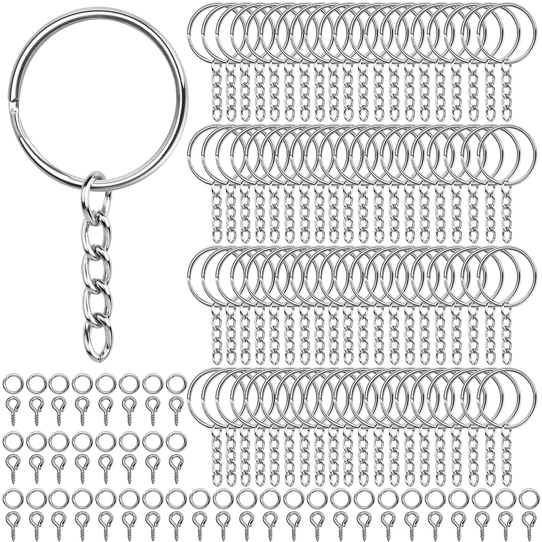 JAZZEEL 600Pcs Key Chain Rings Kit, 200pcs 25mm Rings with Chain, 200 Jump Rings & 200 Screw Eye Pins for Resin Crafts, Bulk Supplies for Keychain Making, DIY Jewelry & Charms