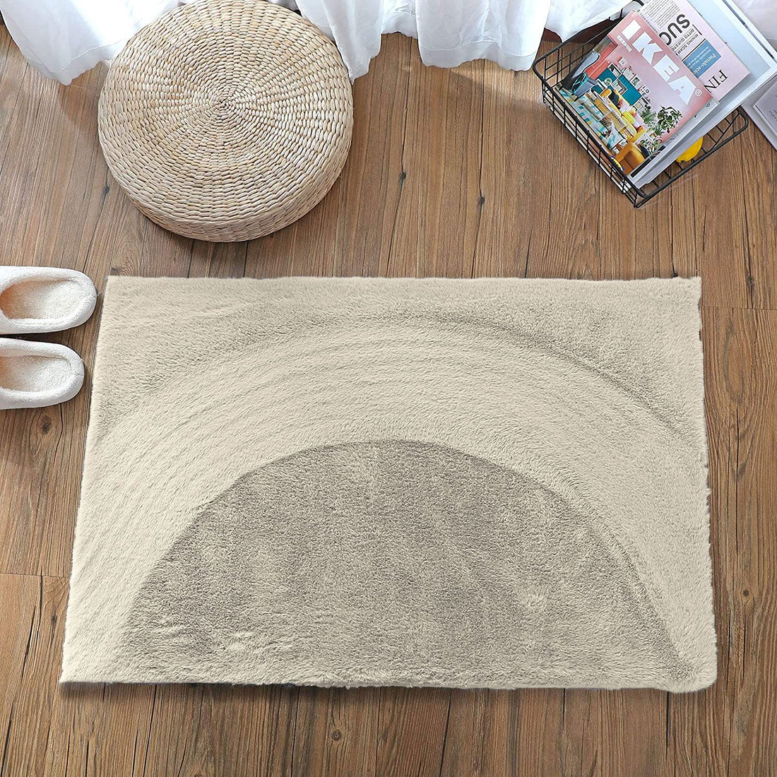LUXE HOME INTERNATIONAL Ruffle Bath Mat Rabbit Fur 1000 Gsm Bathroom Door Foot Mats Anti Skid Water Absorbent Easy Machine Washable Rug for Entrance | Kitchen Floor | 40 X 60 Cm | Beige | Pack of 1