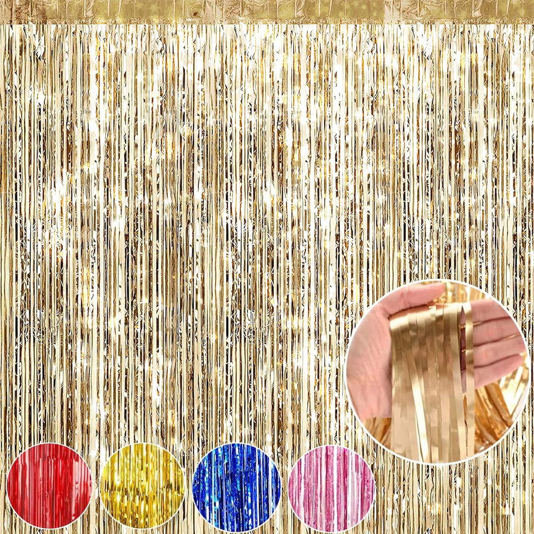 Tinsel Foil Fringe Curtains, 2 Packs Metallic Streamers Backdrop Aluminum Foil Stripe Curtain, 1 x 2m/ 3.3 x 6.6ft Photo Decoration Set for Wedding Birthday Baby Shower Halloween Christmas Party