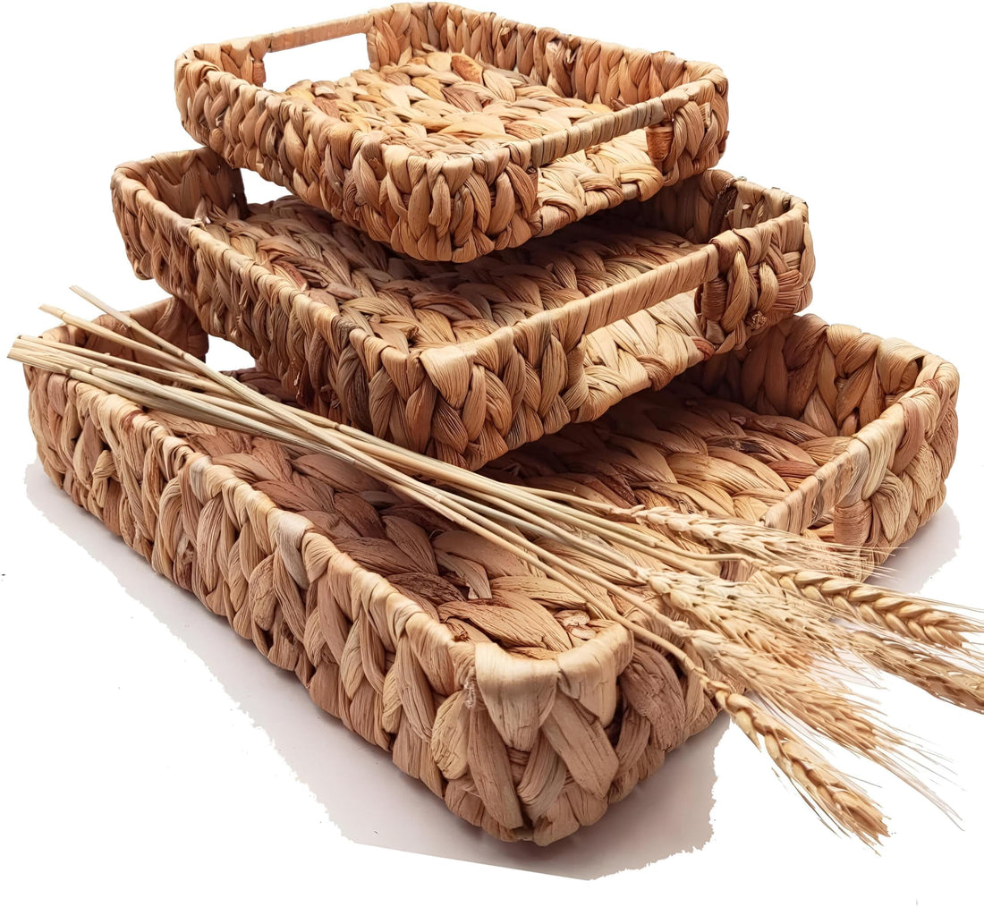 Handmade Wicker Tray Collection - 3 Different Size Serving Sets for Special Occasions and Creative Food Display in Stylish Homes