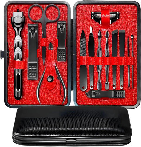 Nail Care Kit - 19-Piece Professional Manicure and Pedicure Set Featuring Stainless Steel Tools, Perfect for Travel with a Sleek Black and Red Case