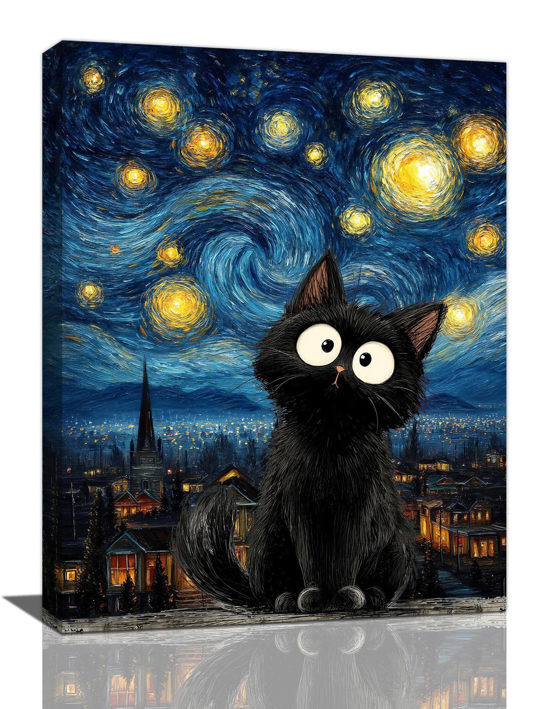 Funny Black Cat Wall Art Starry Night Cute Cat lover Canvas Wall Decor Famous Paintings Print Kitten Artwork Framed Decorations Gifts for Kids Room Bedroom Living Room Nursery 12"x16"