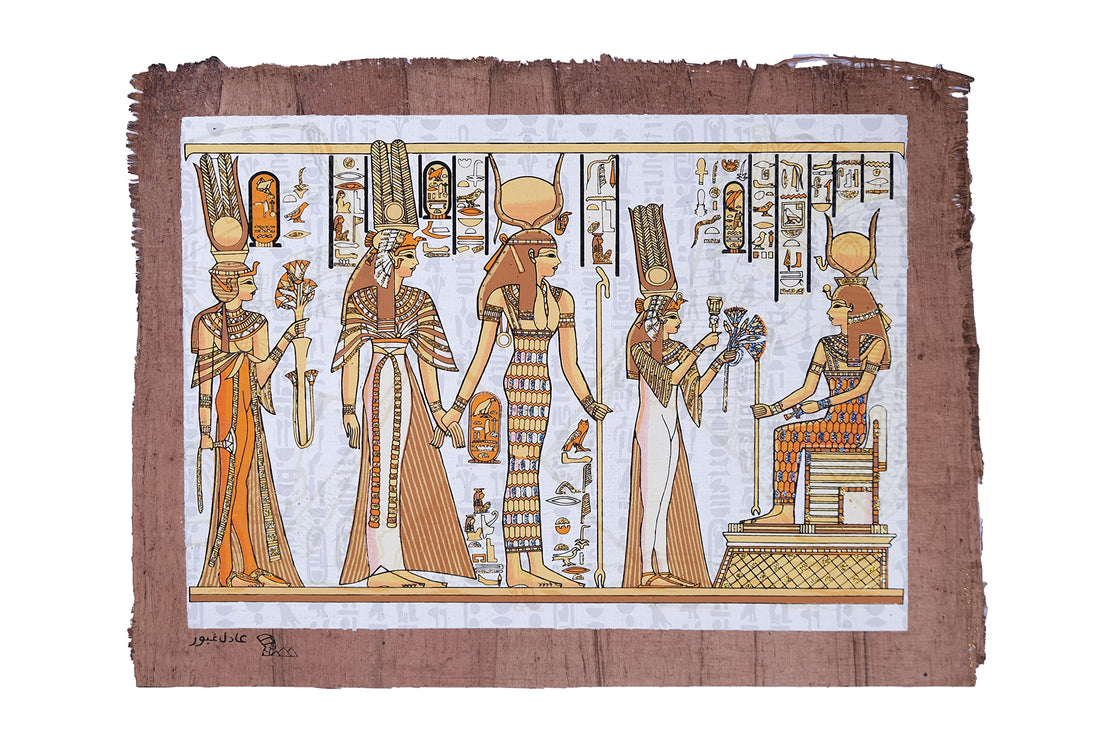Ancient Egyptian papyrus 30 x 40cm of Queen Nefertari Making Offering Glow in the dark - Ancient Egyptian Scene with 3 pyramids Glow in the dark image made in Egypt with Authentic papyrus Leaves.