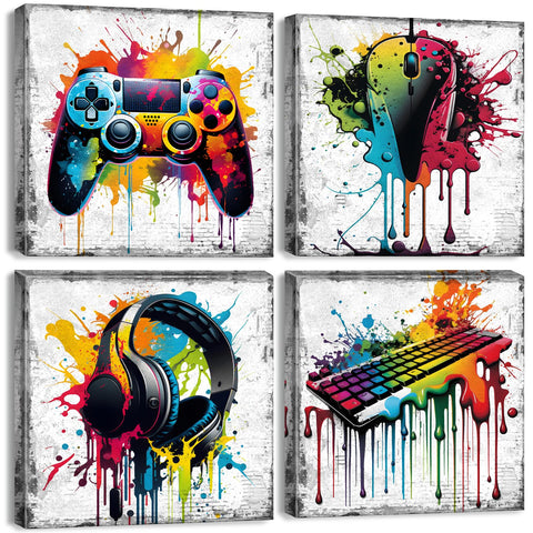 Game Room Decor Wall Art Graffiti Gamepad Headphones Canvas Prints Pictures Gamer Room Decor for Boys Street Pop Art Gaming Bedroom Playroom Cool Video Painting Teen Cave Modern Artwork 12x12" 4 Piece