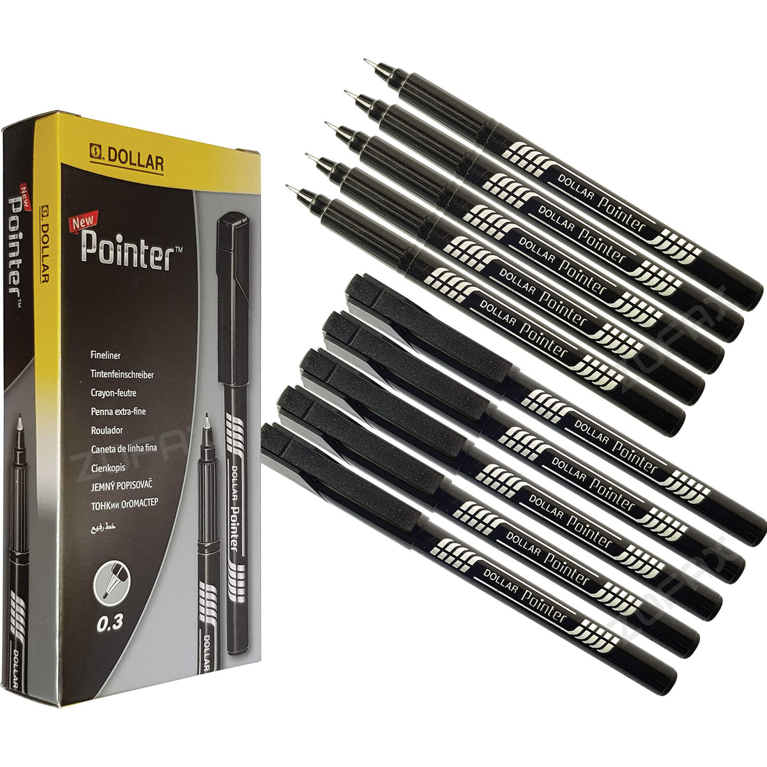 DOLLAR Pointer Plus BLACK Fineliner Fine Line Pens (10 x 0.3mm Fine Pens)