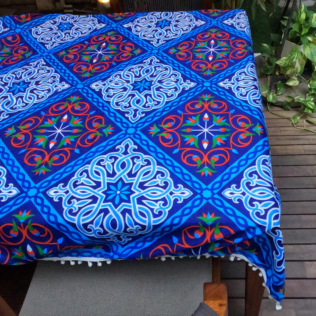 Ramadan Khayamiya Tablecloth with Fringes around the Edges - Square 140 x140 cm (Blue)