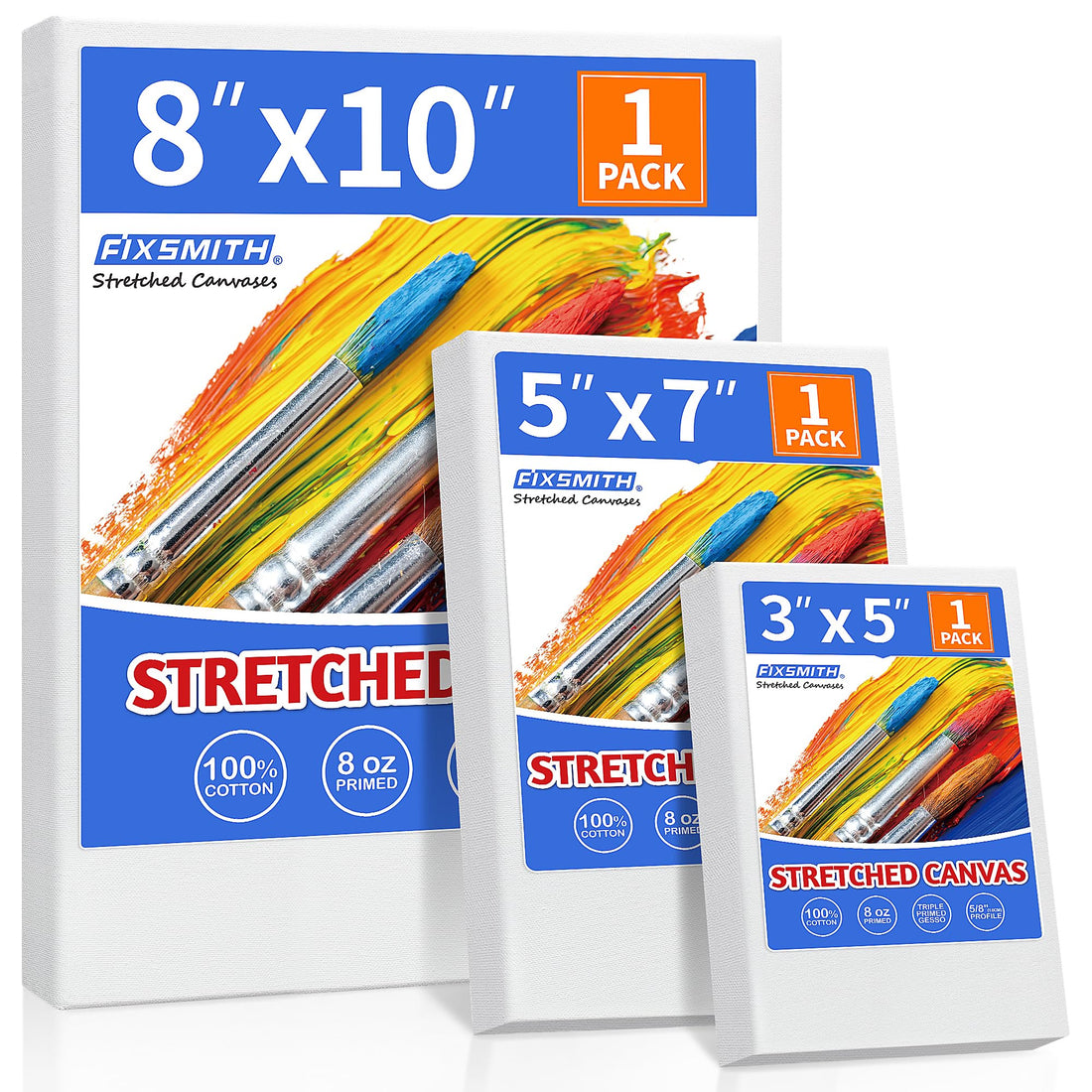 FIXSMITH Stretched Canvas for Painting, 3"x5", 5"x7", 8"x10", Pack of 3, Pre-Primed Canvases Wood Framed, Blank White Canvas Boards for Acrylic, Oil and Gouache Painting