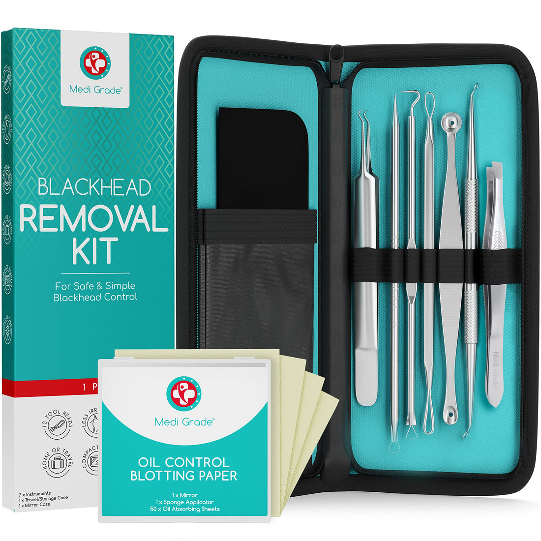Medi Grade Blackhead Remover Tools - Effective Spot Treatment Popping Kit for Acne Prone Skin - 7 Skincare Tools with 50 Sheets of Oil Absorbing Blotting Paper, Pimple Popper Spot Treatment Kit