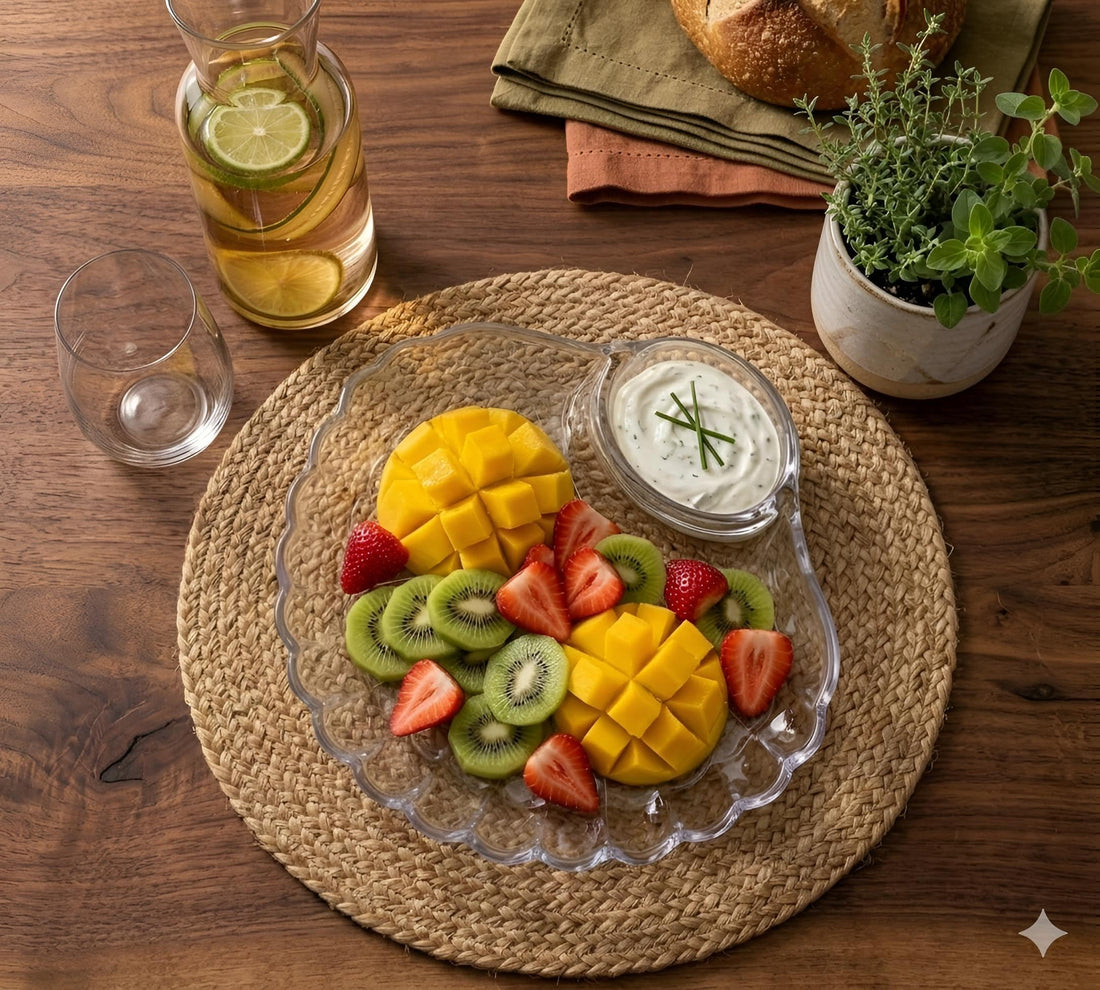 Fruit Platter - Artistic Seashell Glass Serving Tray with Extra Space for Sauces, Great for Healthy Snack Options Like Almonds, Cashews, Orange Slices, Cherry Tomatoes, Potato Chips, and BBQ Sauce 1pc