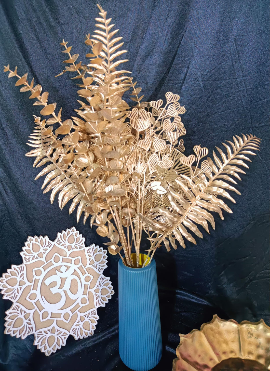 VRB Dec Plastic TM 4 Pcs Artificial Eucalyptus Gingko Leaves Fern Faux Flowers Fake Flower for Diwali/Christmas/Home,Office Corner,Bedroom,Balcony,Decor,Restaurant Decor and Craft (4 Pcs Golden Set)