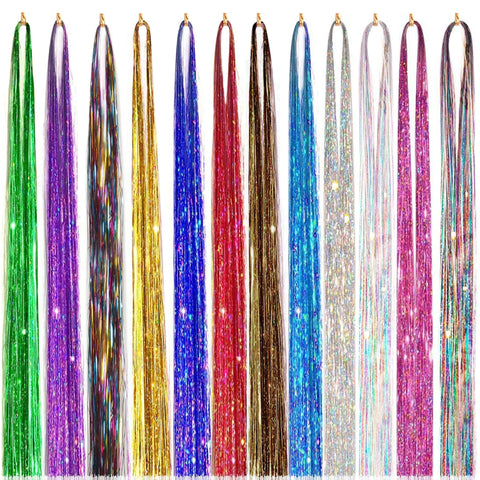 Sanas (12Pcs) Hair Tinsels For Women Hair Tinsel Glitter Extensions Highlighter Strips Extensions Glitter Spray Coloured Hair Extensions Strips Women12pcs Multicolour